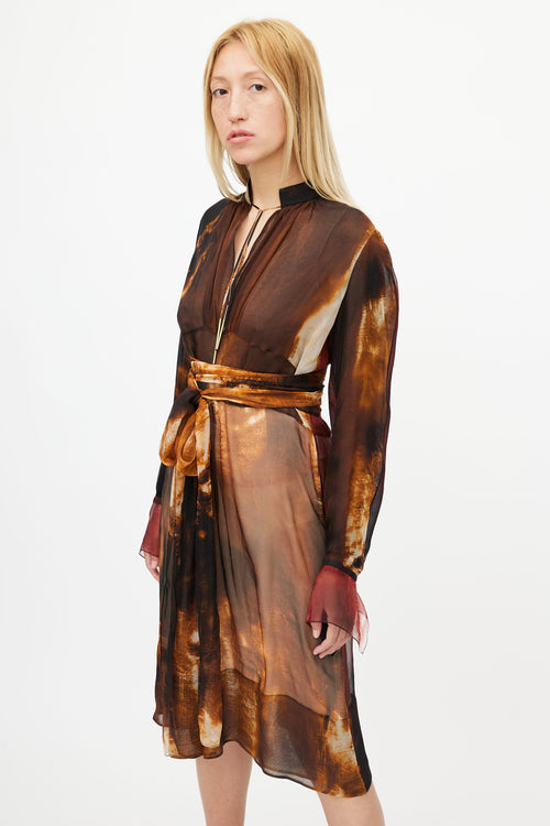 Givenchy Brown 
Multicolour Sheer Abstract Silk Dress