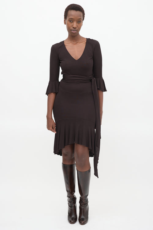 Givenchy Brown Flouncy V-Neck Midi Dress