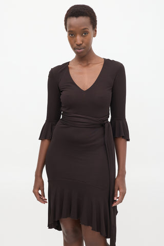 Givenchy Brown Flouncy V-Neck Midi Dress