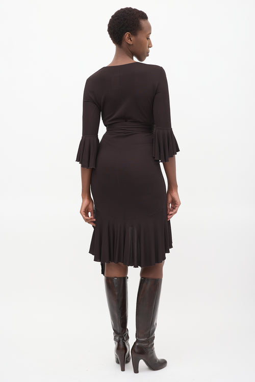 Givenchy Brown Flouncy V-Neck Midi Dress