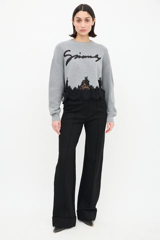 Givenchy Grey Wool 
Black Lace Logo Sweater