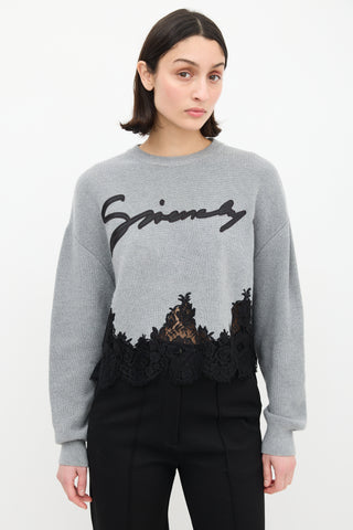 Givenchy Grey Wool 
Black Lace Logo Sweater