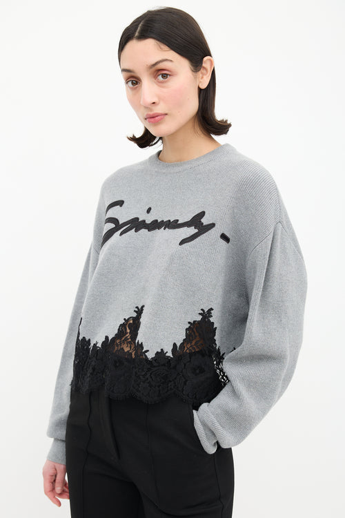 Givenchy Grey Wool 
Black Lace Logo Sweater