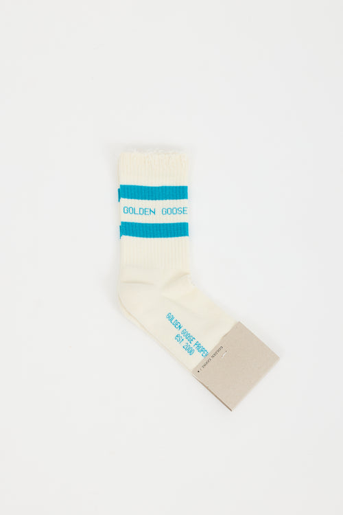 Golden Goose Cream 
Blue Logo Rib High Socks