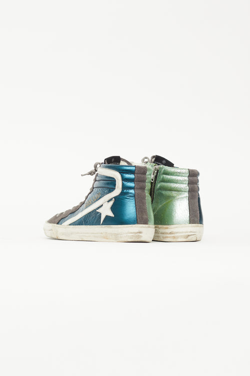 Golden Goose Metallic Blue 
Green Slide Sneaker