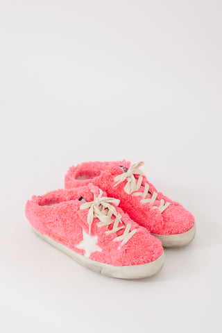 Golden Goose Neon Pink 
White Shearling Sabot Sneaker Mule