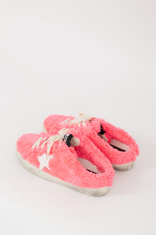 Golden Goose Neon Pink 
White Shearling Sabot Sneaker Mule