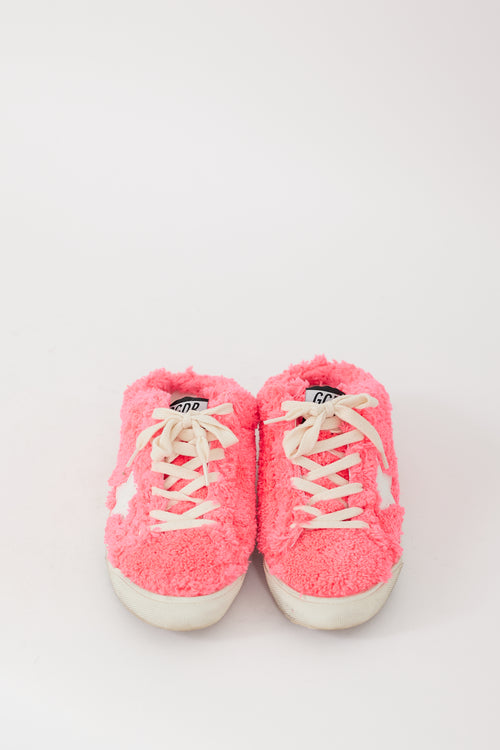 Golden Goose Neon Pink 
White Shearling Sabot Sneaker Mule