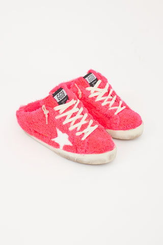 Golden Goose Neon Pink 
White Shearling Sabot Sneaker Mule