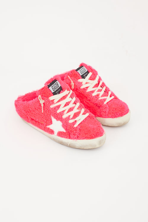 Golden Goose Neon Pink 
White Shearling Sabot Sneaker Mule