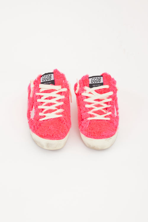 Golden Goose Neon Pink 
White Shearling Sabot Sneaker Mule