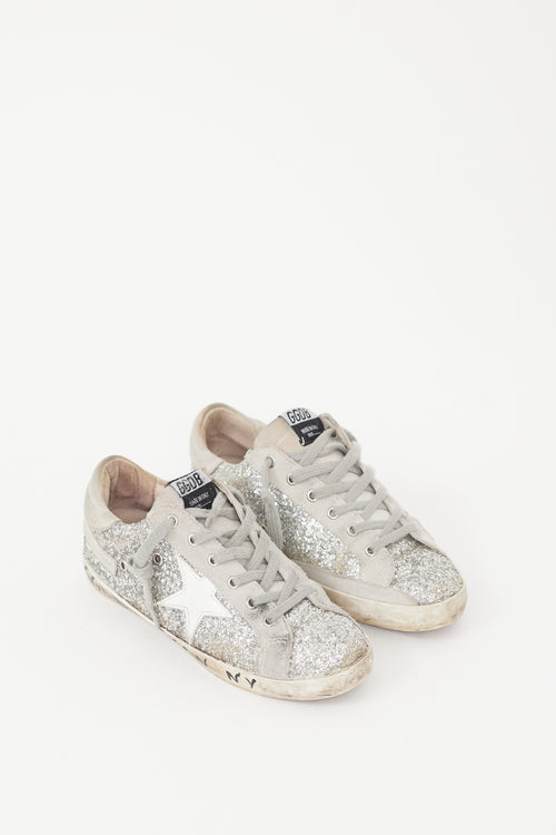 Golden Goose Silver Glitter 
Suede Superstar Sneaker