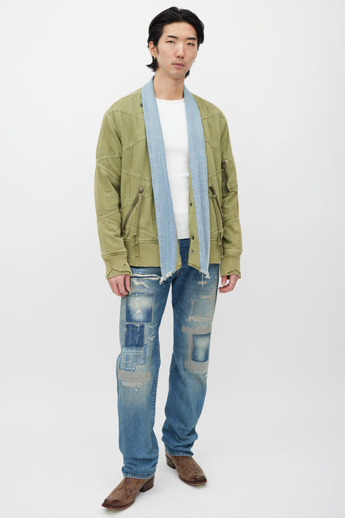 Greg Lauren Green 
Blue Distressed Bomber Jacket