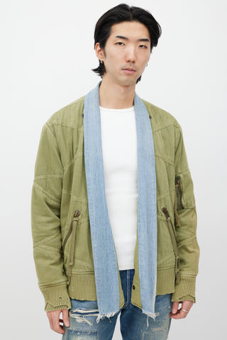 Greg Lauren Green 
Blue Distressed Bomber Jacket