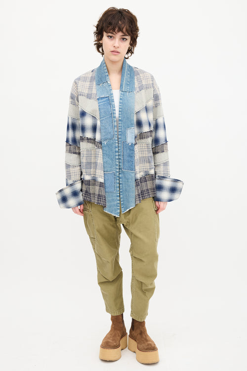 Greg Lauren Blue 
White Plaid Patchwork Cardigan