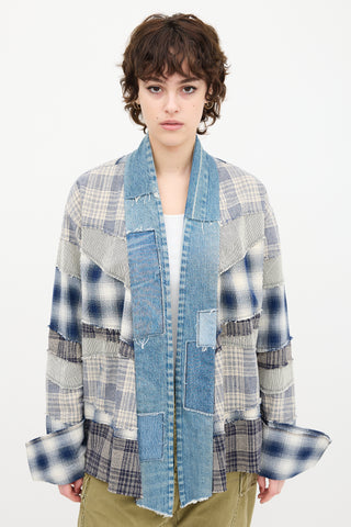 Greg Lauren Blue 
White Plaid Patchwork Cardigan