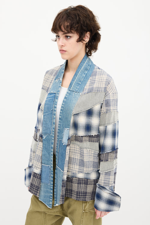 Greg Lauren Blue 
White Plaid Patchwork Cardigan