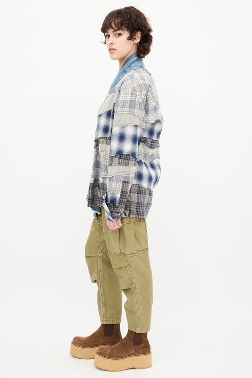 Greg Lauren Blue 
White Plaid Patchwork Cardigan