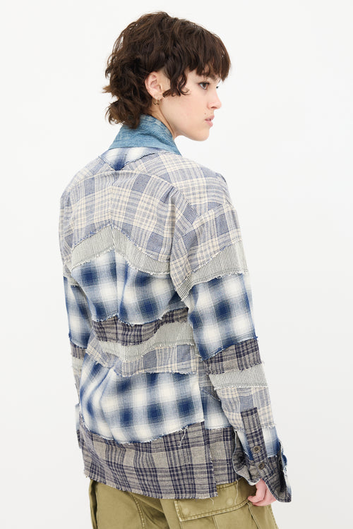 Greg Lauren Blue 
White Plaid Patchwork Cardigan