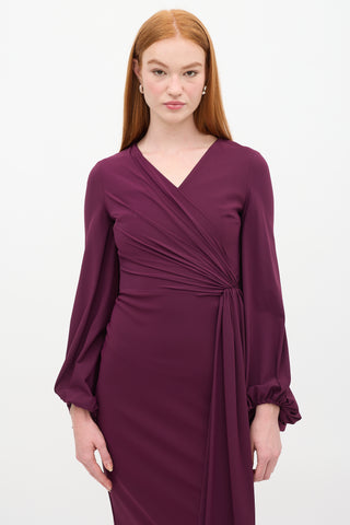 Greta Constantine Purple Gathered Drape Afra Midi Dress