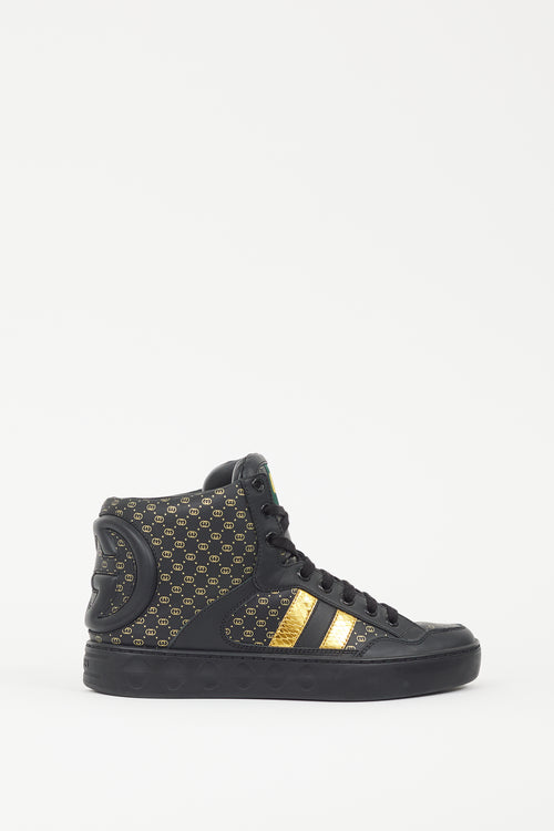 Gucci X Dapper Dan Black 
Gold GG High Top Sneaker