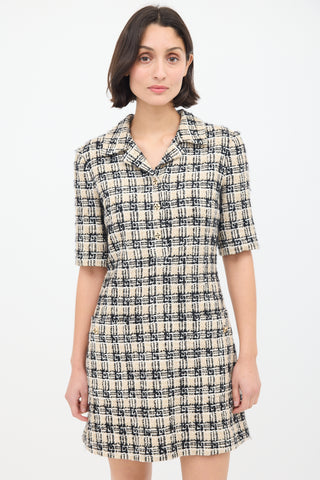 Gucci Beige 
Black Tweed Short Sleeve Dress