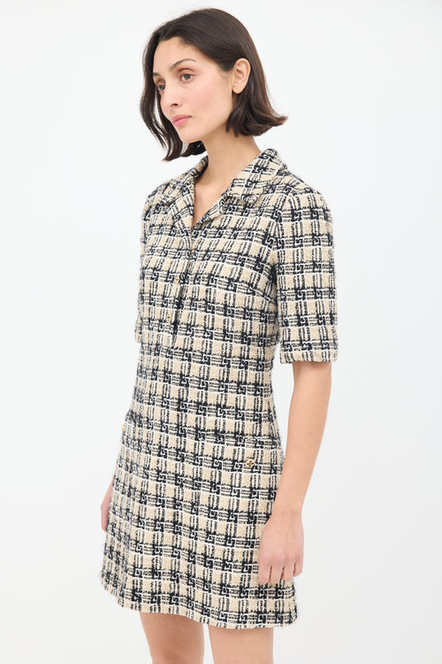 Gucci Beige 
Black Tweed Short Sleeve Dress