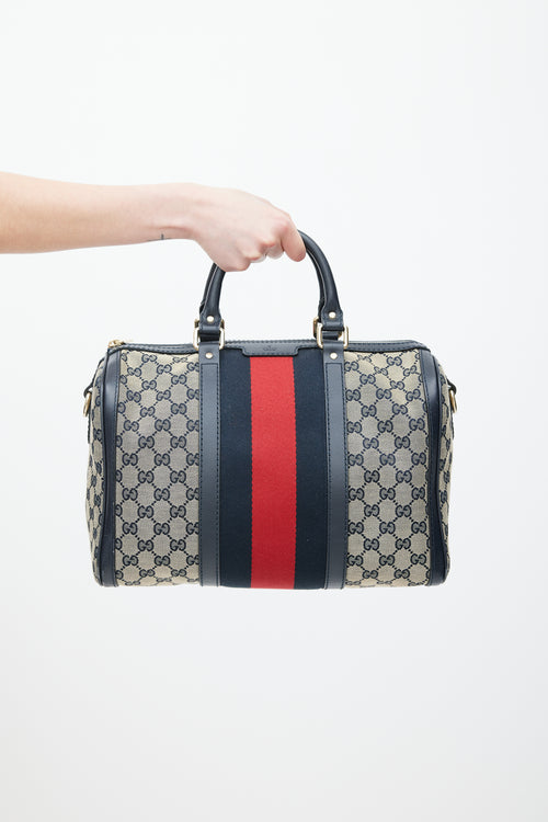 Gucci Brown 
Navy Monogram Boston Webbed Bag