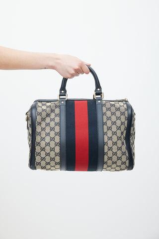 Gucci Brown 
Navy Monogram Boston Webbed Bag