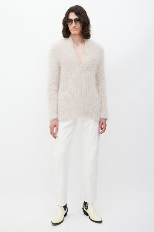 Gucci Beige V-Neck Mohair Ribbed Knit Sweater