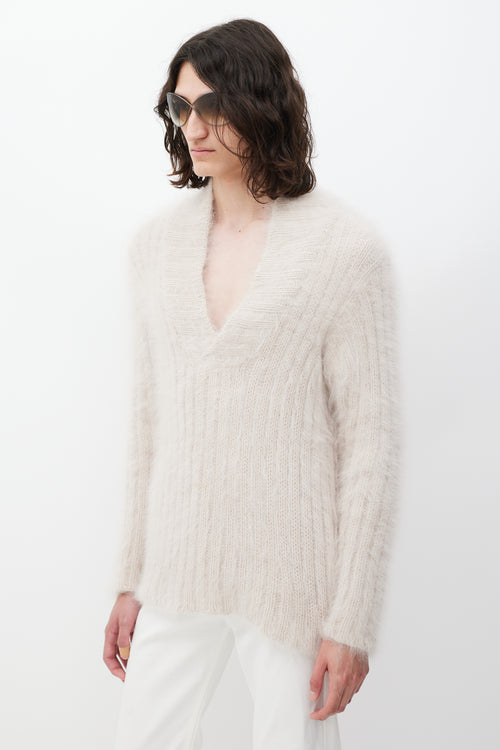 Gucci Beige V-Neck Mohair Ribbed Knit Sweater