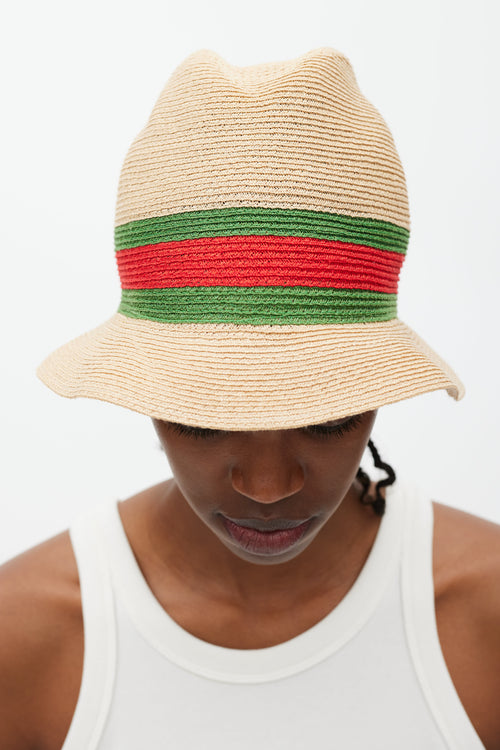 Gucci Beige Green 
Red Straw Web Bucket Hat