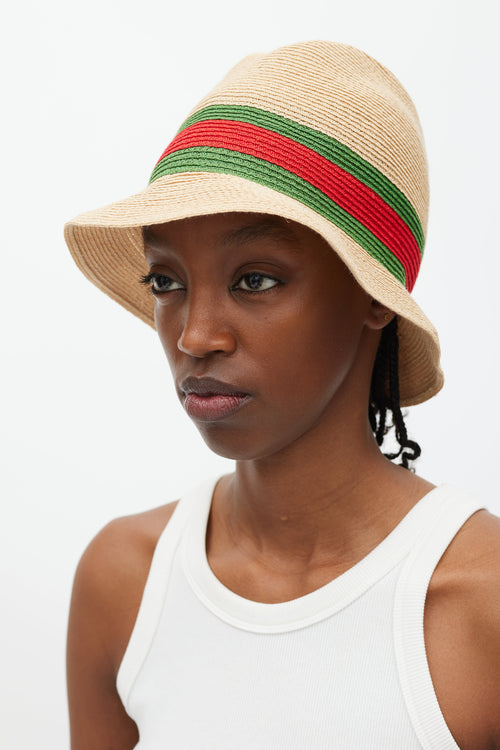 Gucci Beige Green 
Red Straw Web Bucket Hat