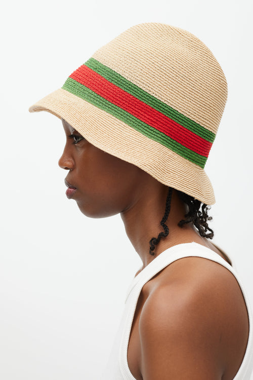 Gucci Beige Green 
Red Straw Web Bucket Hat