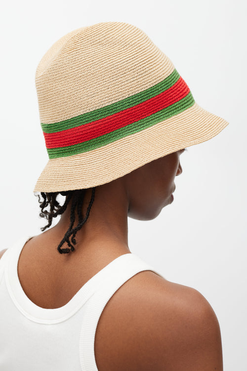 Gucci Beige Green 
Red Straw Web Bucket Hat