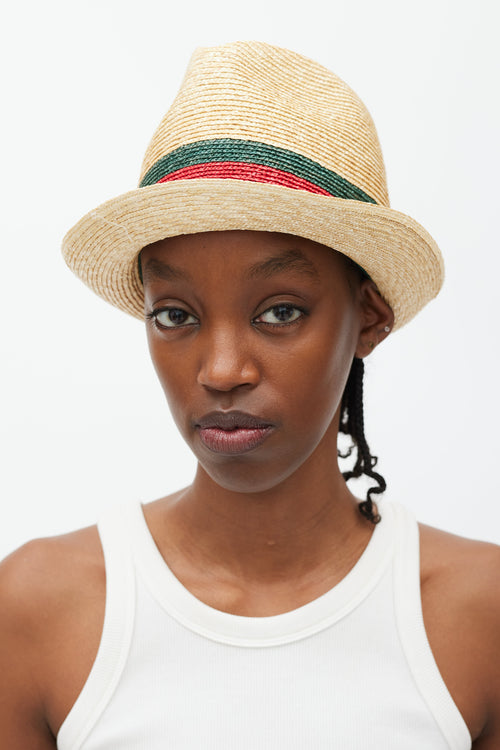 Gucci Beige Green 
Red Straw Web Fedora