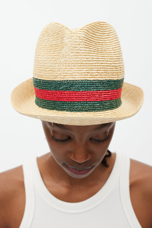 Gucci Beige Green 
Red Straw Web Fedora