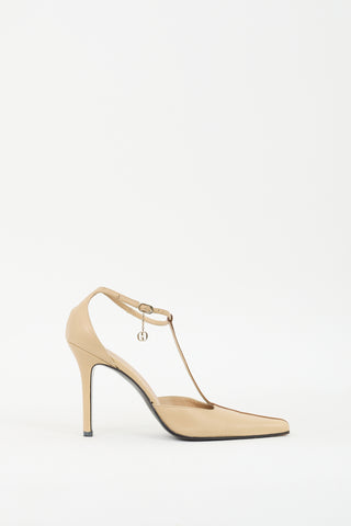 Gucci Beige 
Brown Leather GG T-Strap Pump