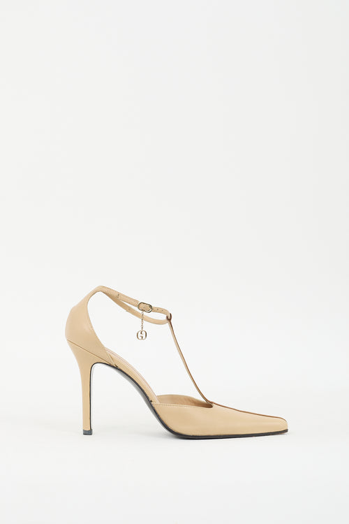 Gucci Beige 
Brown Leather GG T-Strap Pump