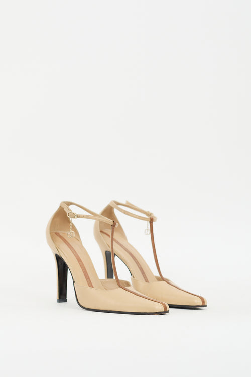 Gucci Beige 
Brown Leather GG T-Strap Pump