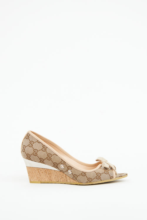 Gucci Beige GG Canvas Peep Toe Wedge