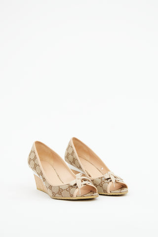 Gucci Beige GG Canvas Peep Toe Wedge