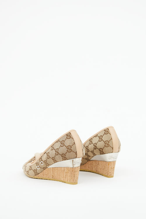 Gucci Beige GG Canvas Peep Toe Wedge