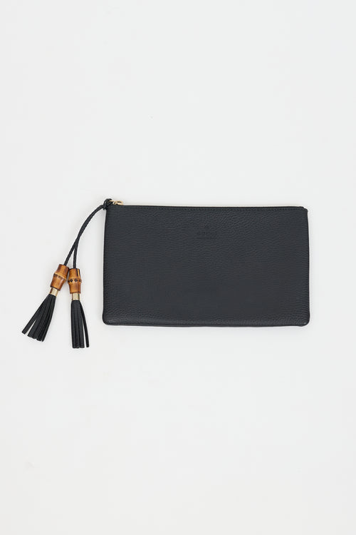 Gucci Black Leather Bamboo Fringe Zip Pouch