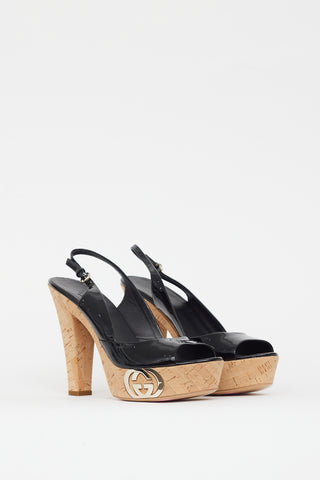 Gucci Black 
Beige Cork Patent Sandal