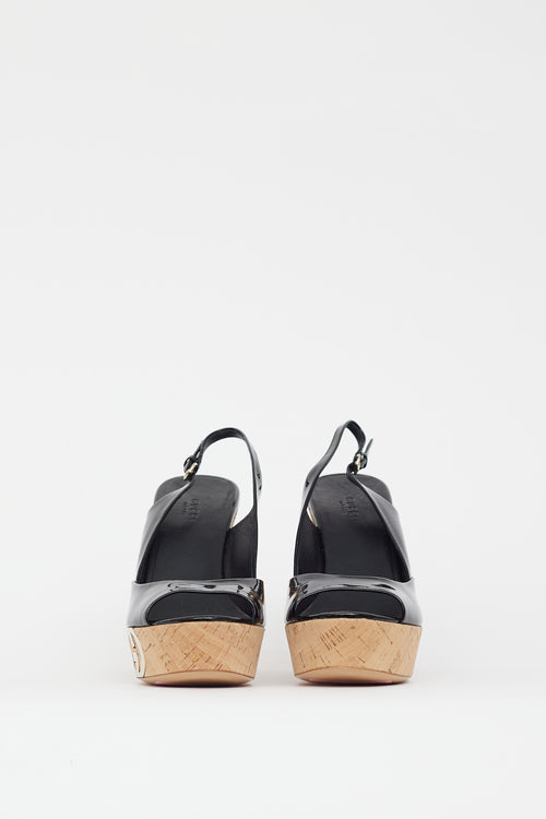 Gucci Black 
Beige Cork Patent Sandal