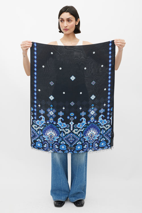 Gucci Black 
Blue Pixel Printed Silk Scarf