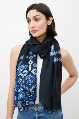 Gucci Black 
Blue Pixel Printed Silk Scarf