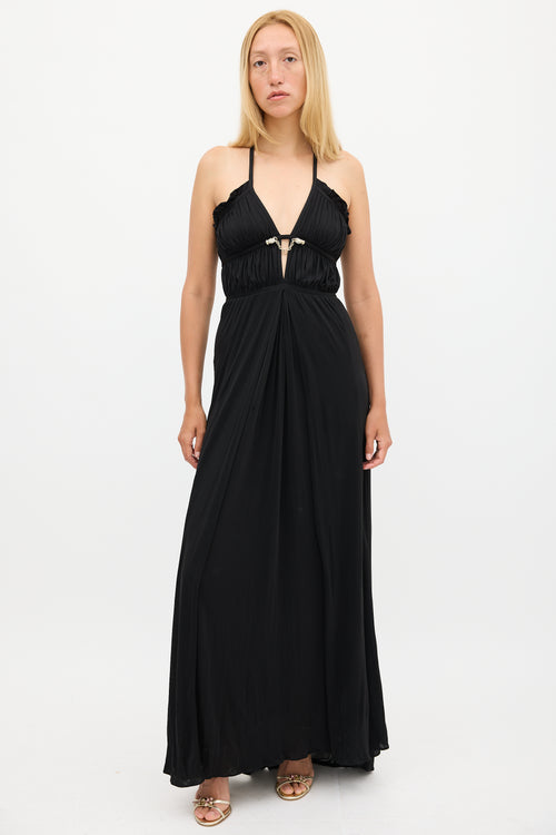 Gucci Black Chain Embellished V-Neck Maxi Dress