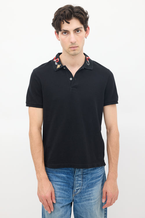 Gucci Black Cotton Embroidered Collar Polo